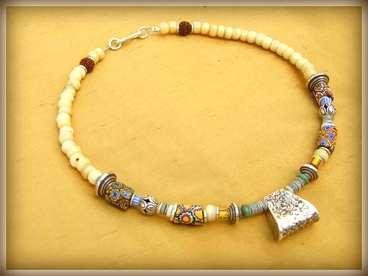 Royal Tribal necklace of old bone,antique glass+silver