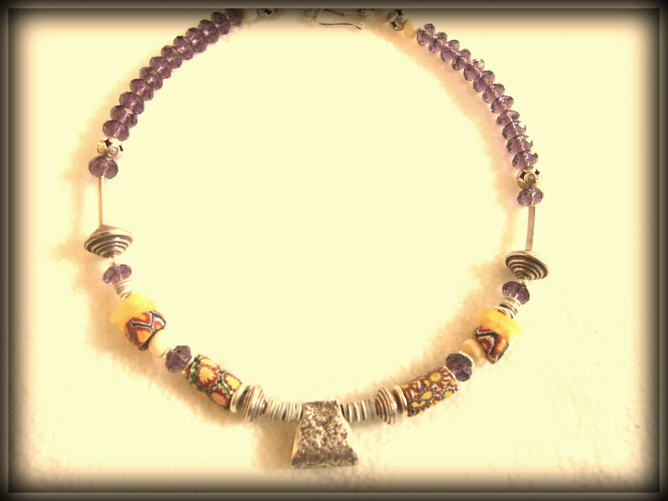 lovely cut amethyst amber and vintage glass necklace