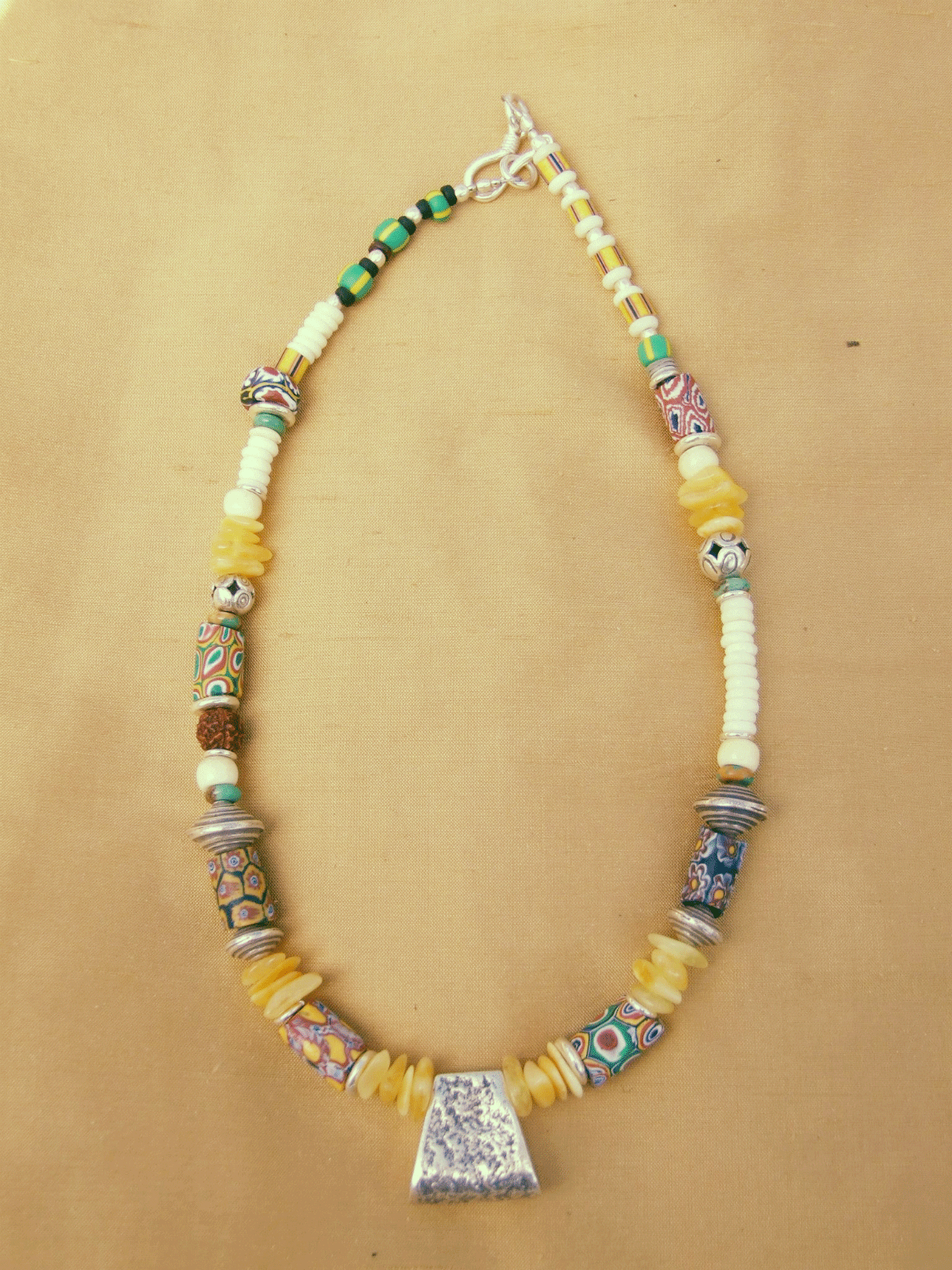 ASYMMETRIC AMBER BONE ANTIQUE GLASS NECKLACE 