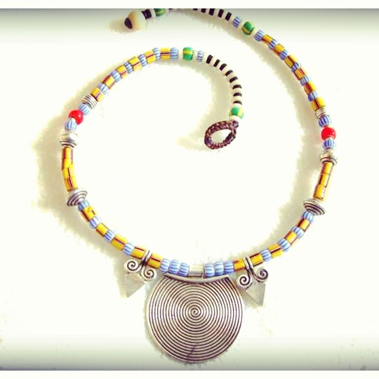  handmade silver spiral,  small African trade beads 