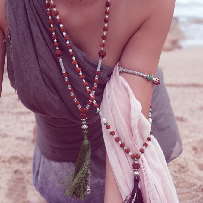 Long Rudraksha Mala Amethyst and Moonstone Brown Tassel