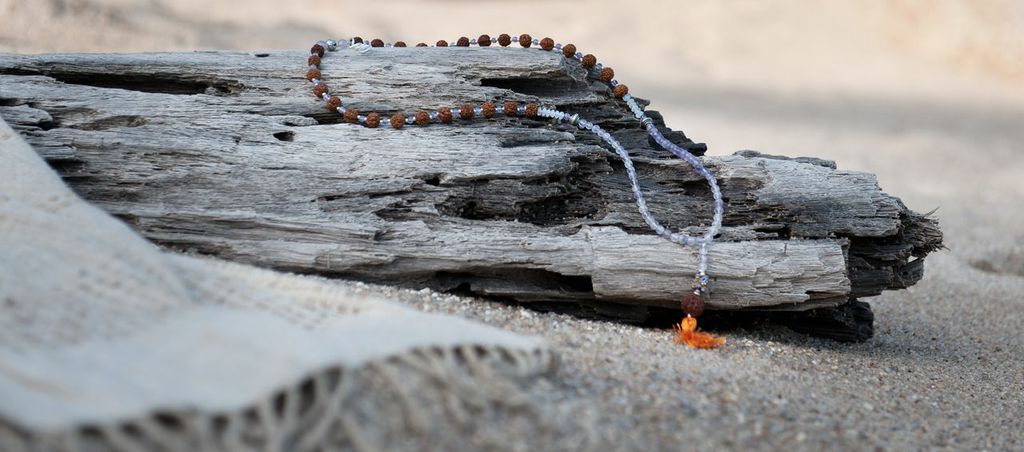 Amethyst and Rudraksha Mala with Traditional Orange Tassel